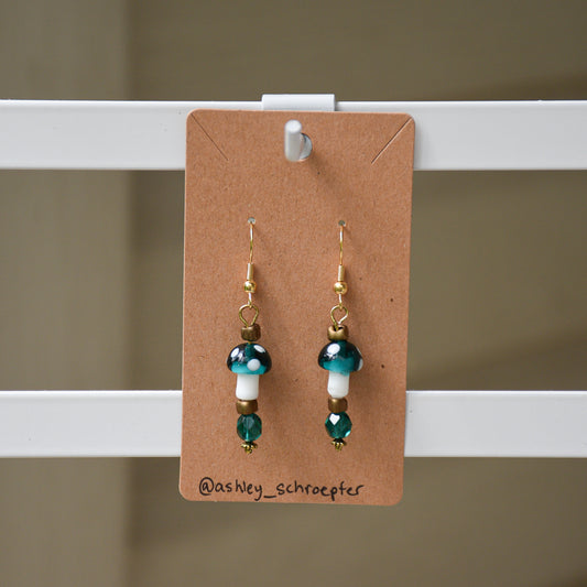 Teal and Gold Mushroom Earrings